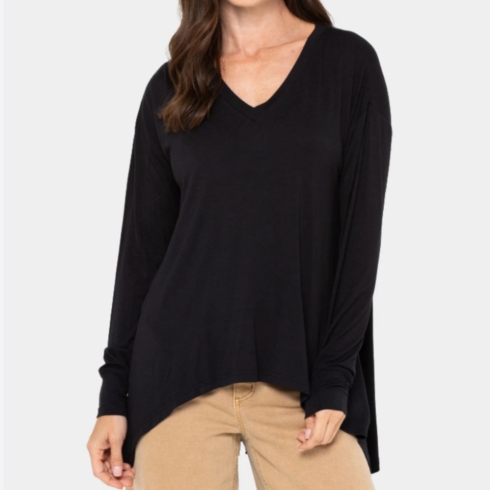 Three Dots Merino Wool Black V-Neck Lightweight Hi-Low Swing Semisheer Sweater S